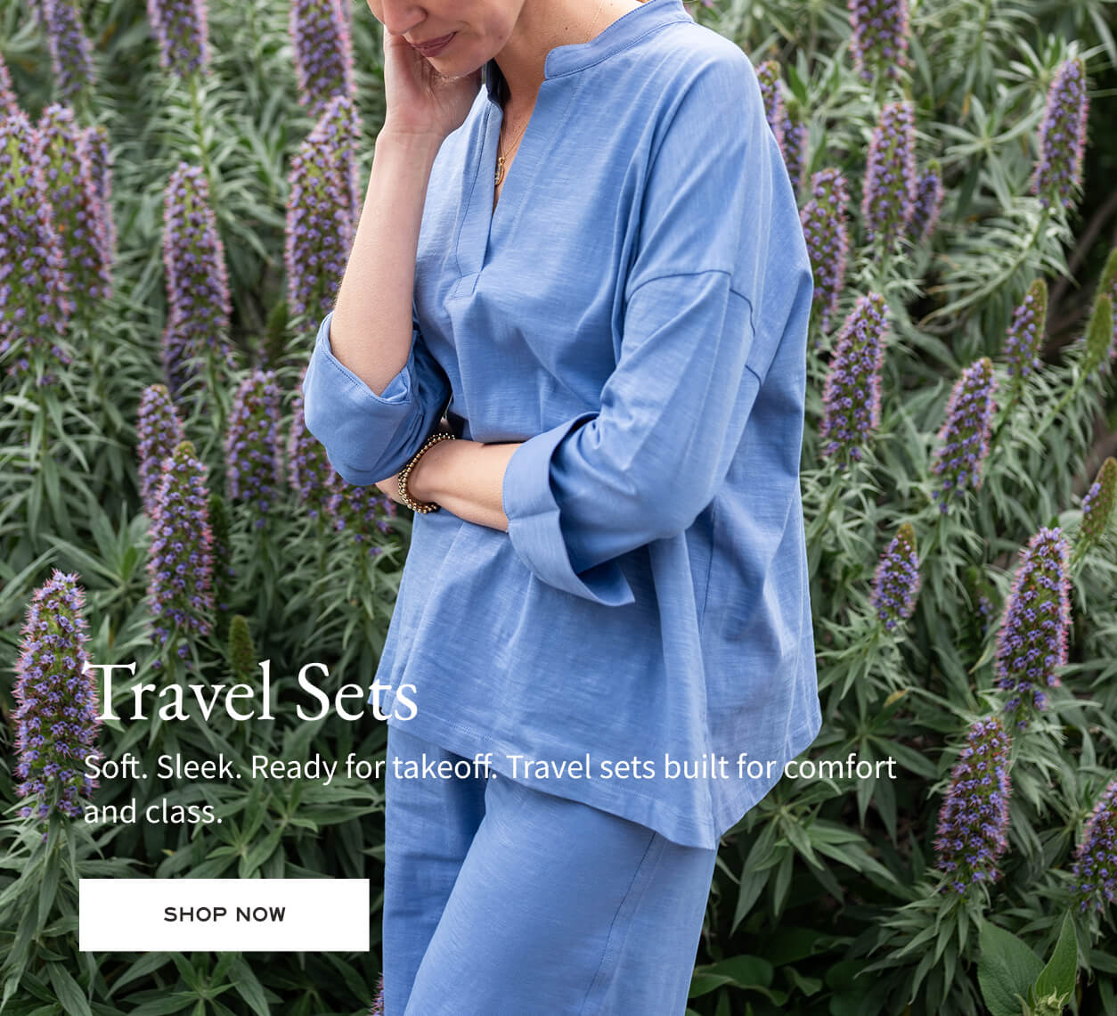 Travel Sets - Soft. Sleek. Ready for takeoff. Travel sets built for comfort and class. Shop now - overlay an image of a women wearing the purple tee set