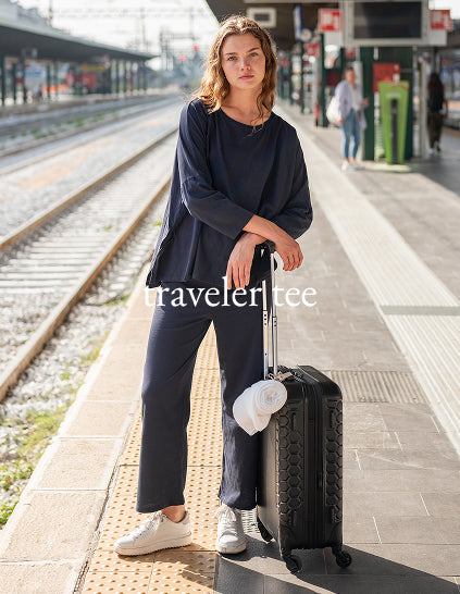 Traveler Tee - Image of a woman wearing a long sleeve tee travel set