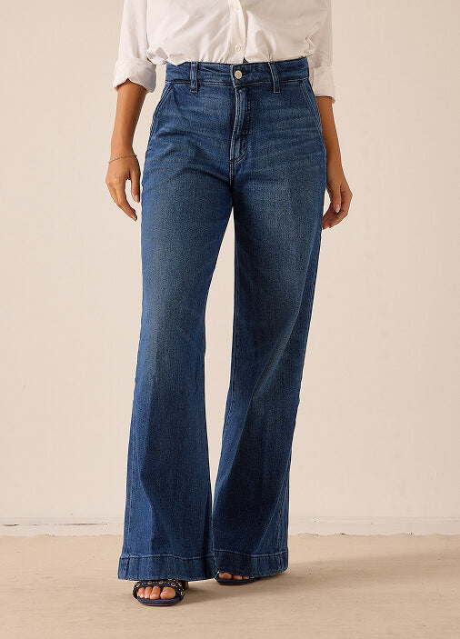MERSEA women's travel-friendly medium-wash blue wide-leg denim trousers with high-rise waist and button closure.