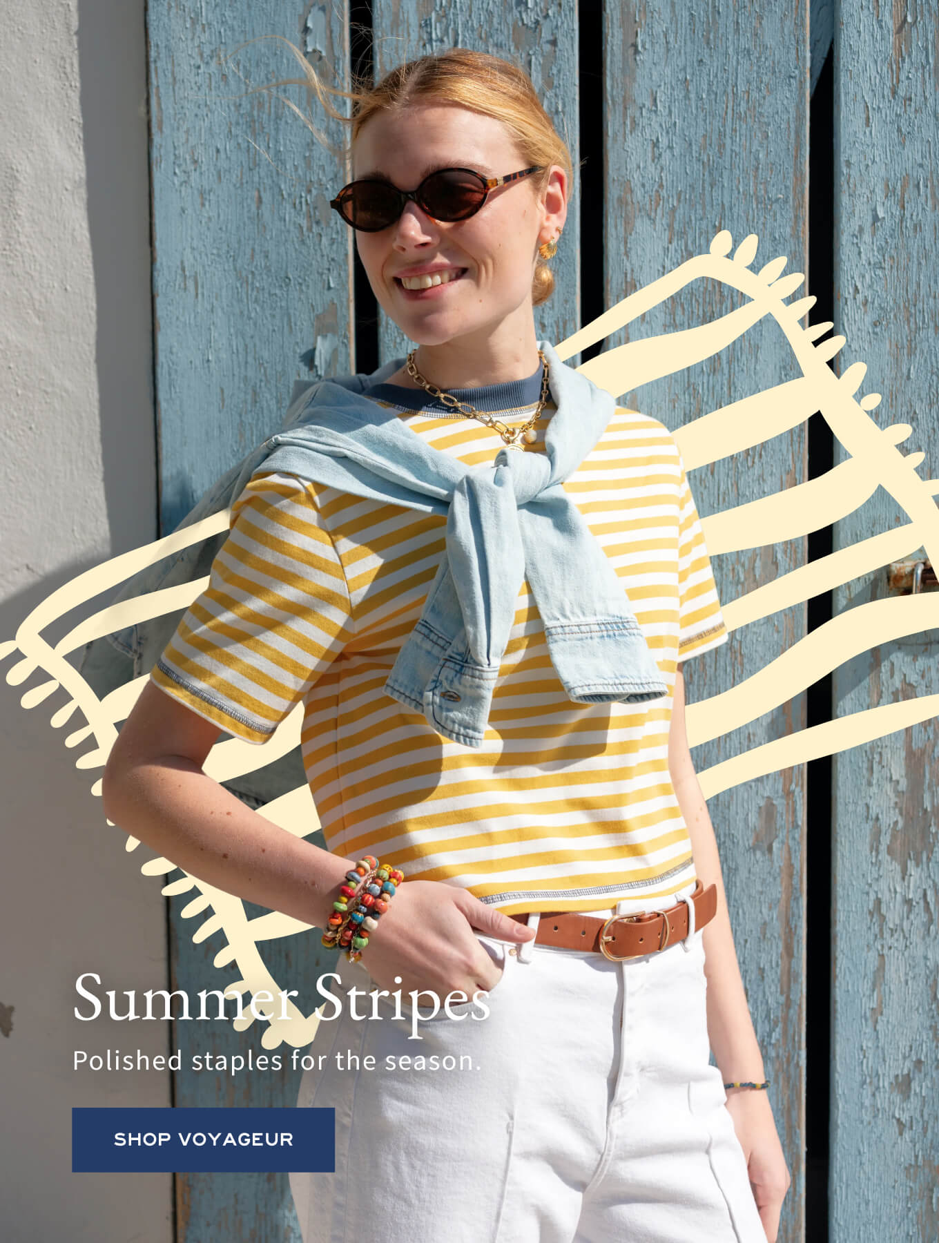 MERSEA women's travel-friendly yellow and white striped knit top with a light blue wrap draped over the shoulders.