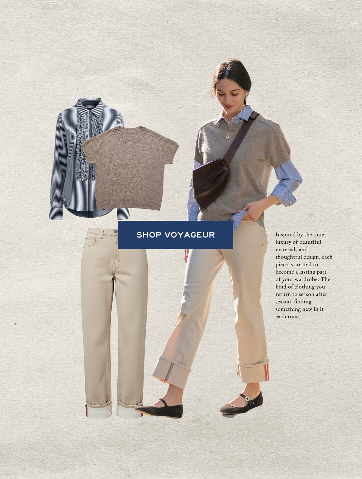 Promotional banner showing a woman wearing a travel-friendly knit sweater, light blue shirt, and trousers with a crossbody bag. Text: 'SHOP VOYAGEUR' and 'Inspired by the quiet luxury of beautiful, simple and thoughtful design, each piece is created to become a staple of your wardrobe. The logic of clothing you return to season after season, finding something new in it each time.'