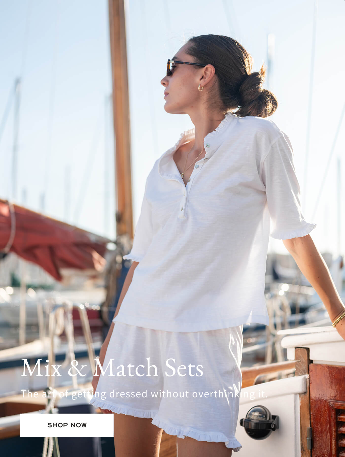 Woman in a white outfit on a boat with promotional text overlay