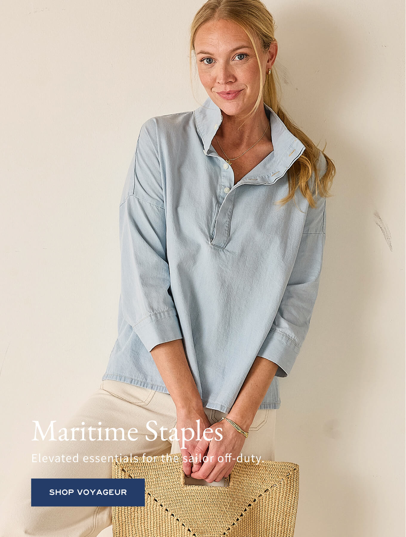 Light blue linen shirt with a collar and button placket. Text: Maritime Staples Elevated essentials for the sailor off-duty. SHOP VOYAGEUR