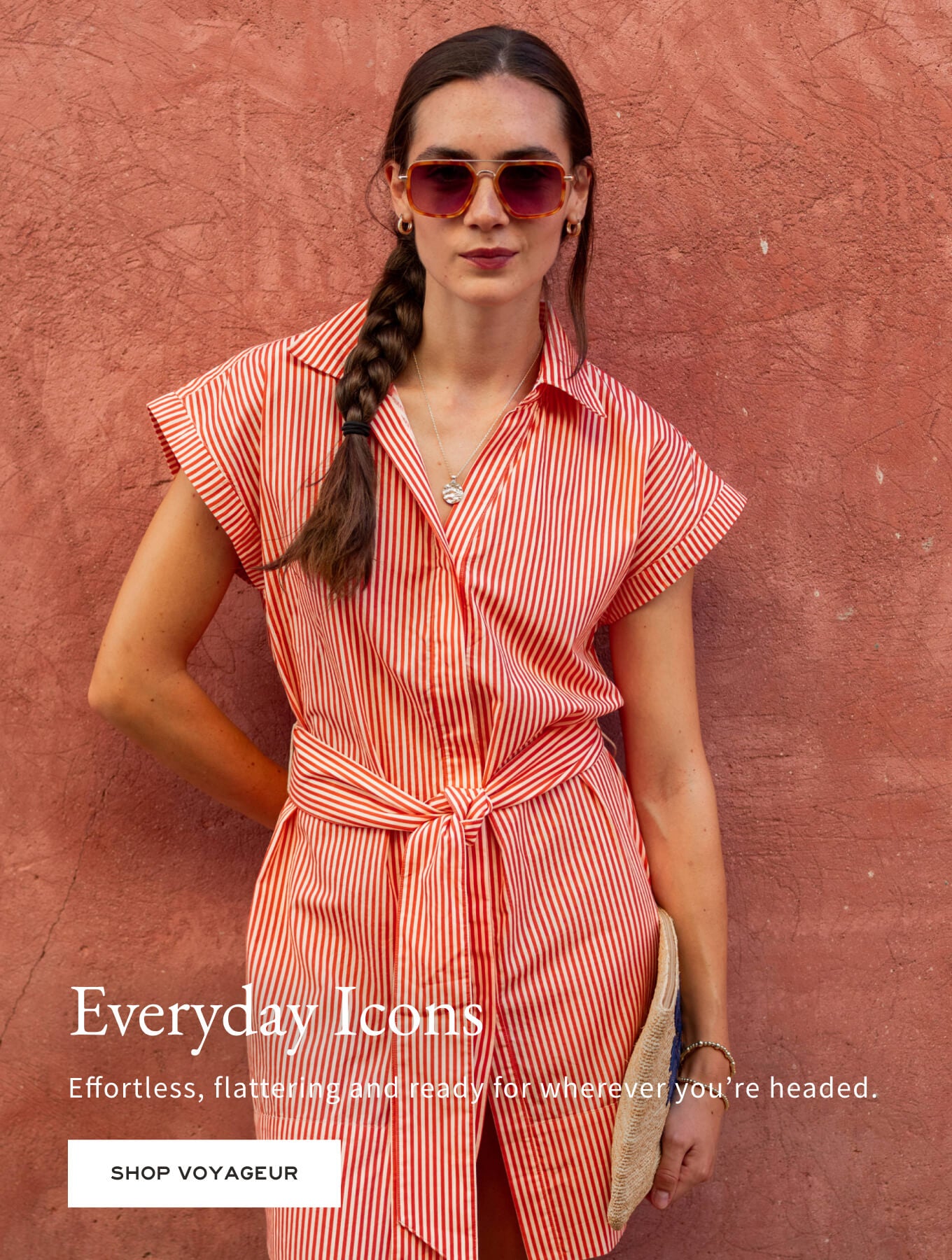 Woman wearing a red and white striped dress against a pink wall with promotional text.