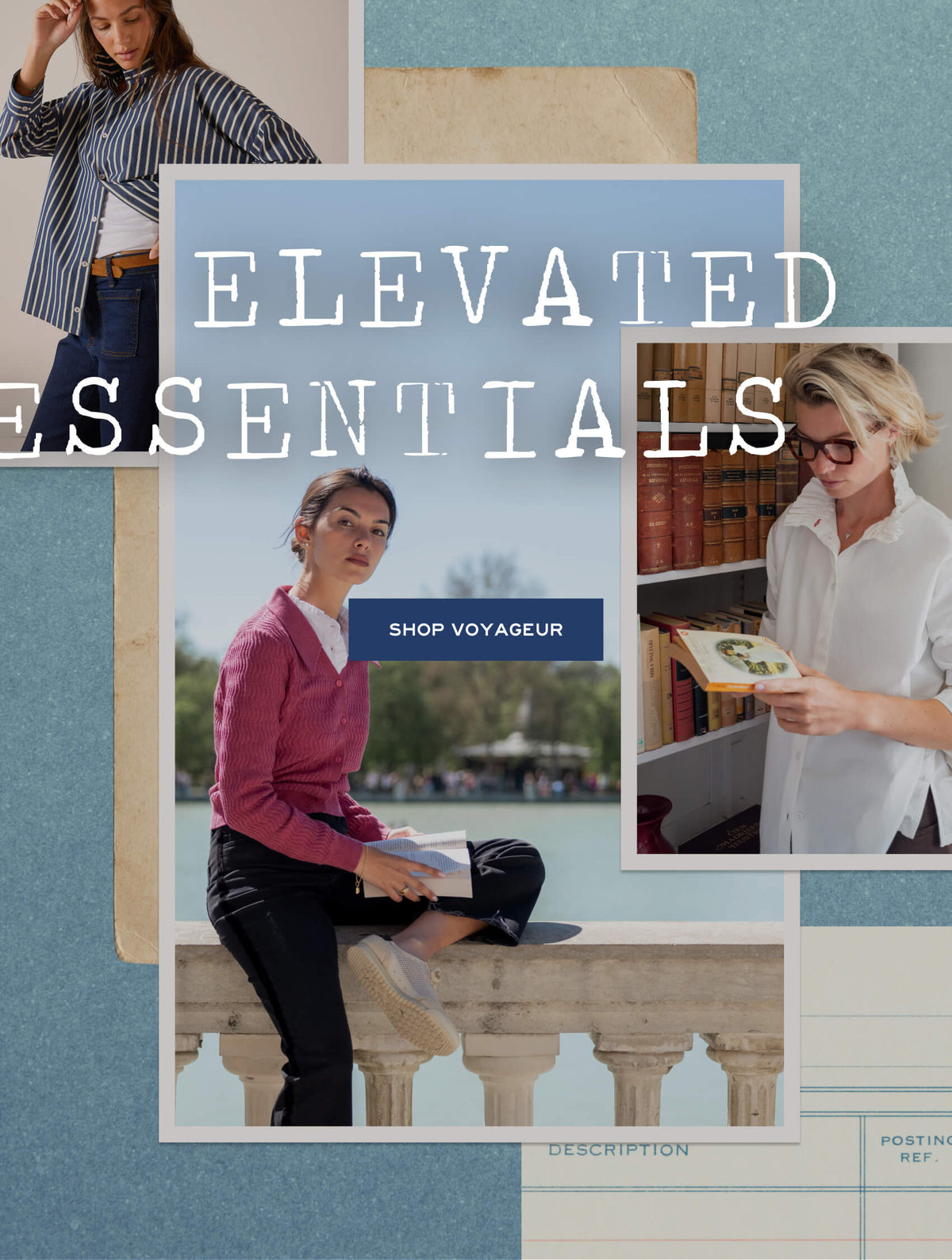 Collage of travel-ready women's fashion images. Featured images show a woman in a striped button-down shirt, a woman in a pink knit sweater sitting on a stone ledge, and a woman in a white blouse reading a book. Text: 'ELEVATED ESSENTIALS', 'SHOP VOYAGEUR'.