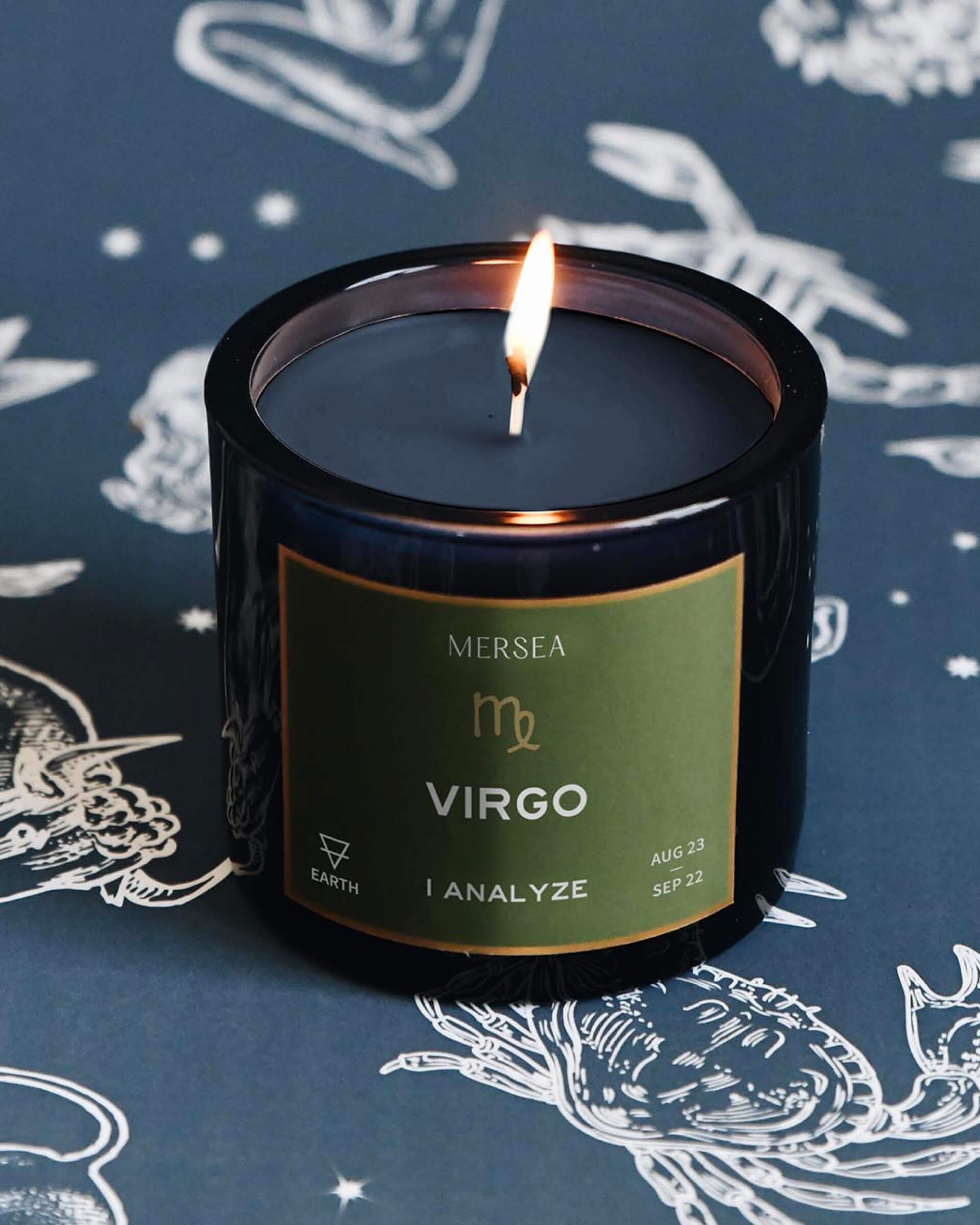 Mersea Virgo candle against astrology sign background