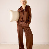 MERSEA ladies' travel-ready chocolate brown button-up satin shirt with wide sleeves.