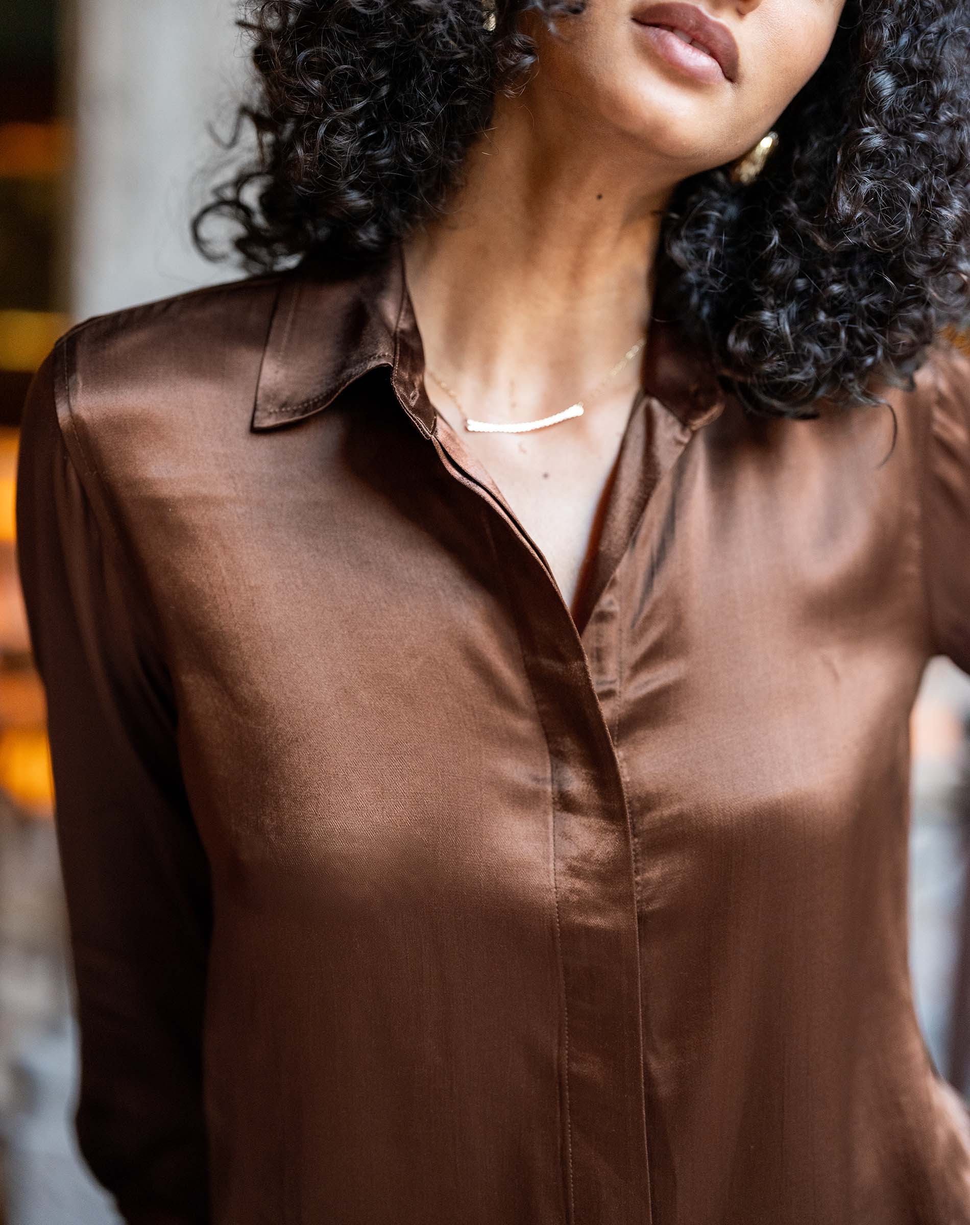 Chocolate brown satin button-up shirt with a classic collar.