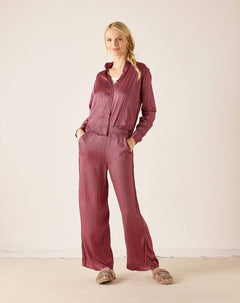 MERSEA ladies' travel-ready mulberry print button-up shirt with long sleeves and a coordinating wide-leg trouser set.