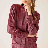 Berry red micro-geometric print button-up shirt featuring a tailored fit and high collar.