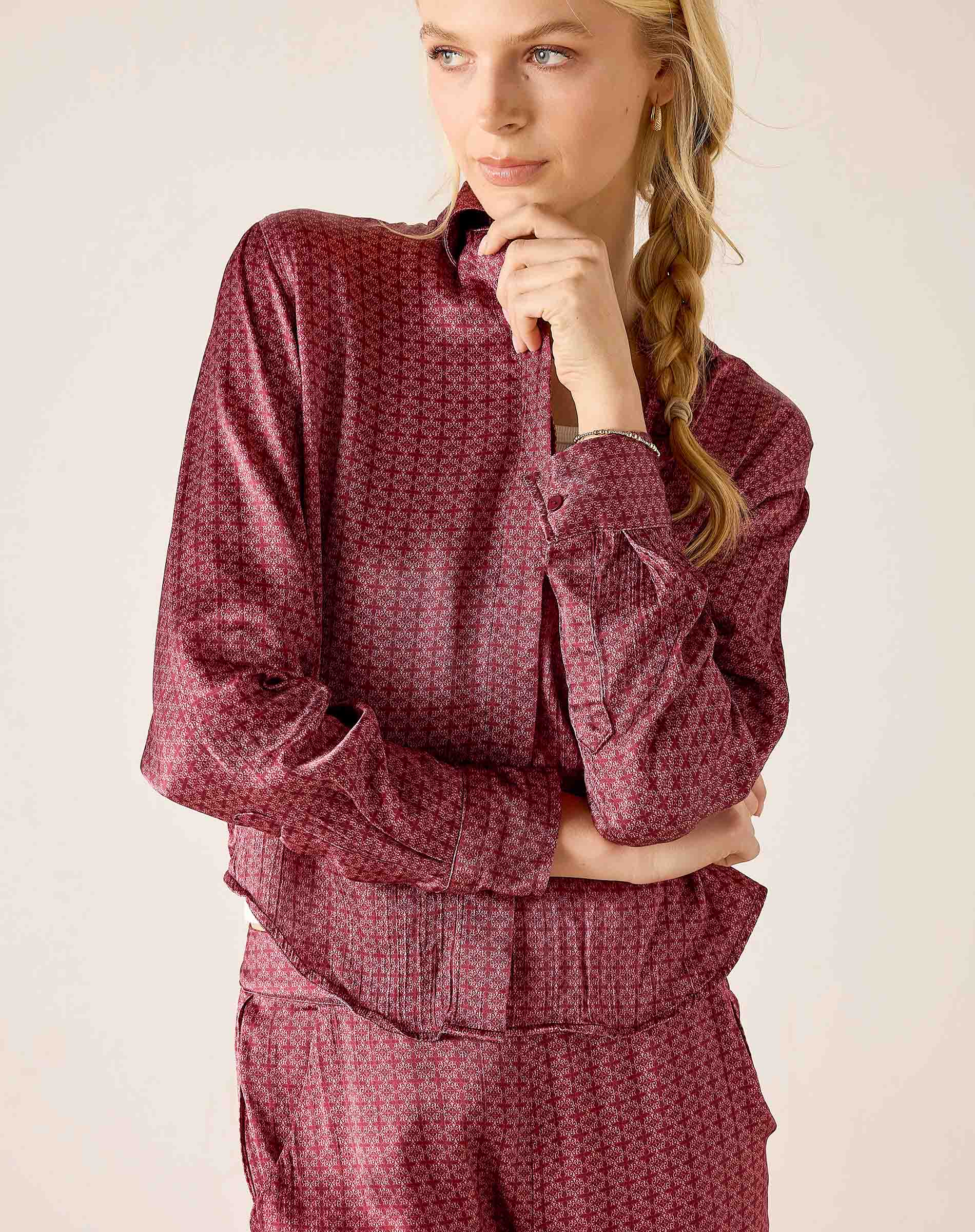 Berry red micro-geometric print button-up shirt featuring a tailored fit and high collar.