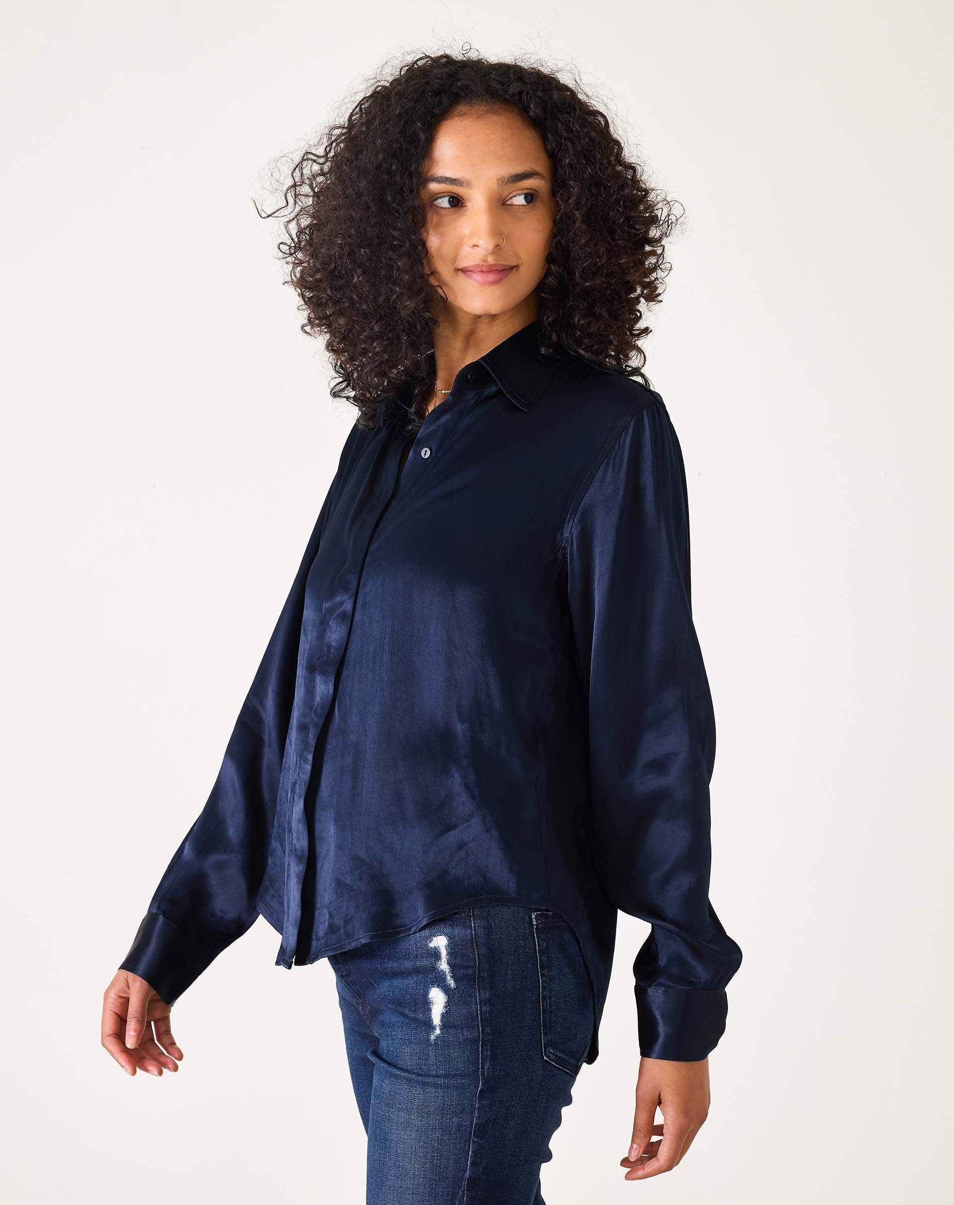 Navy blue oversized button-up shirt in a smooth silk-like fabric.