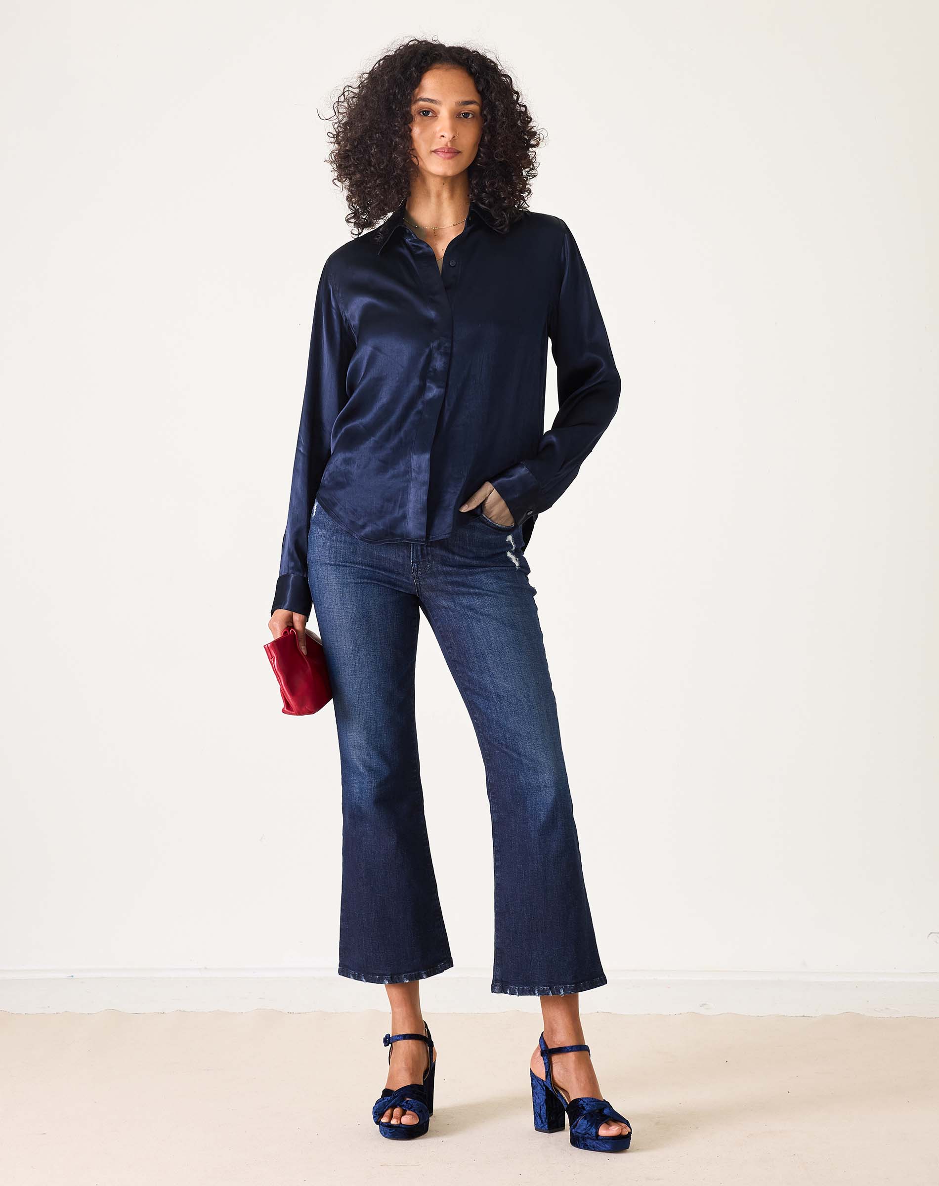 Navy silk button-up shirt