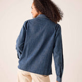 Bleu chambray button-down shirt with embroidered cuff details, back view