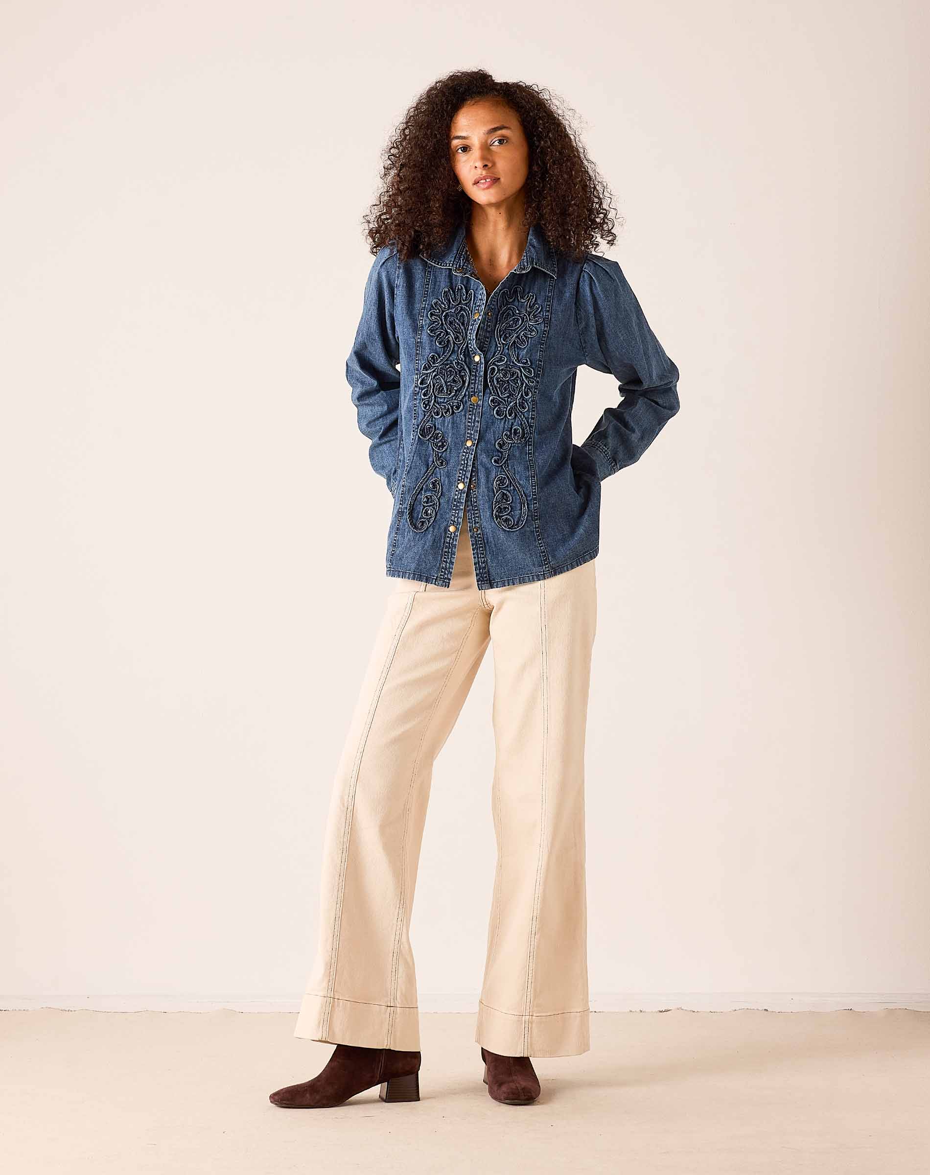 Bleu embroidered chambray button-down shirt with intricate eyelet-style stitching and long sleeves.