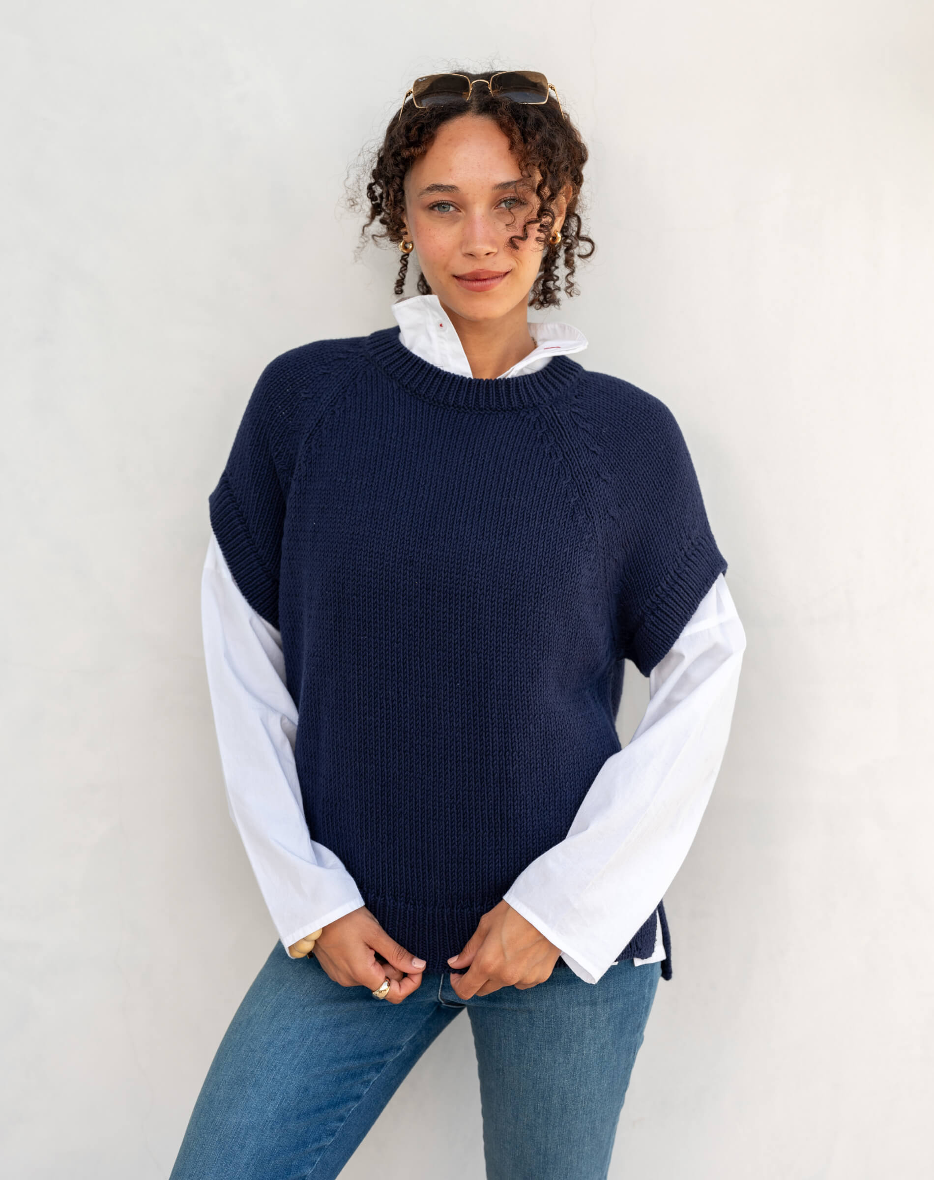 Women's Navy Blue Short Cap Sleeved Crewneck Sweater over White Blouse