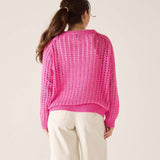 Person wearing a bright pink knitted sweater on a plain background