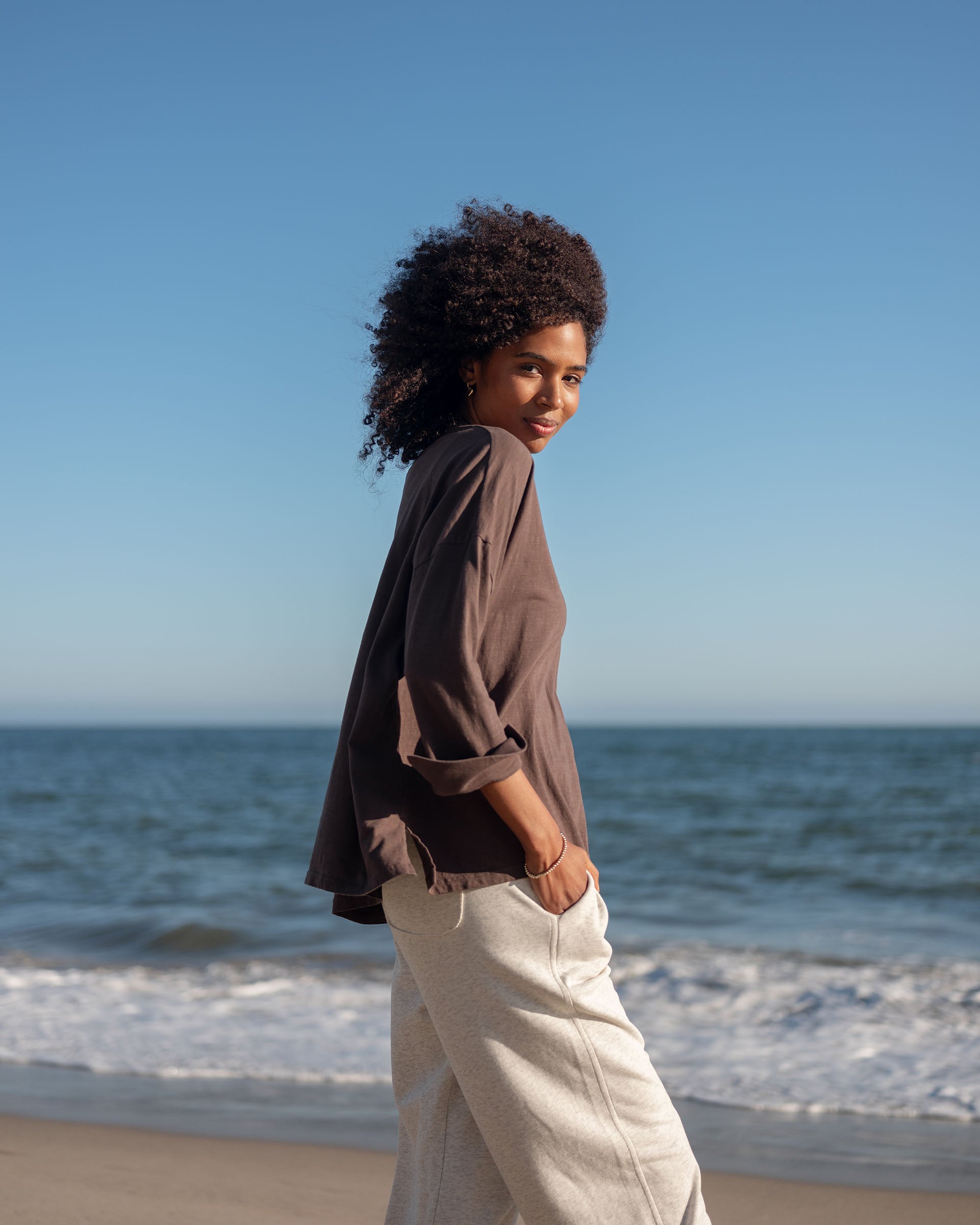 Women's Brown V-neck Cuff Tee for Fall