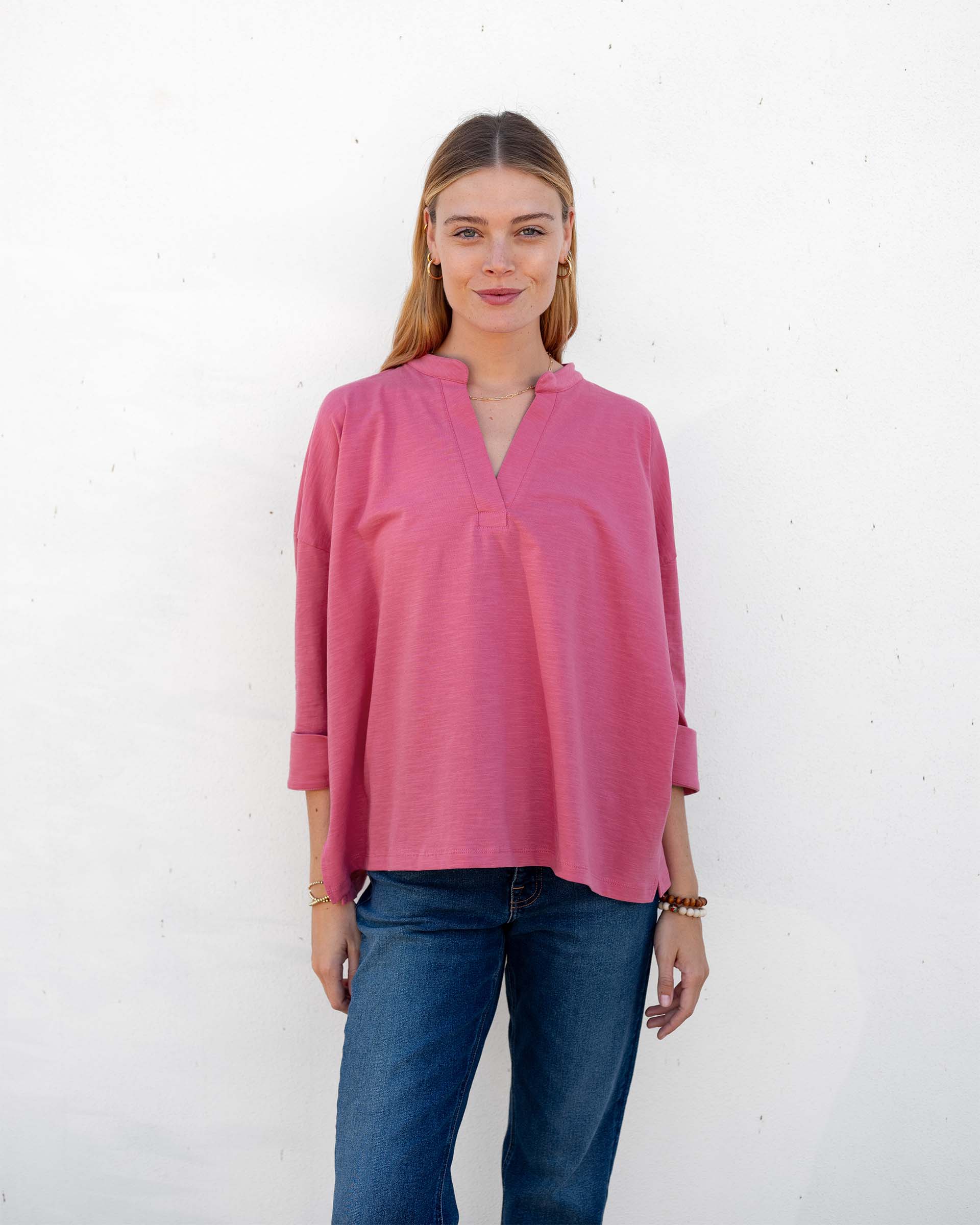 Women's Pink V-neck Cuff Tee for Fall