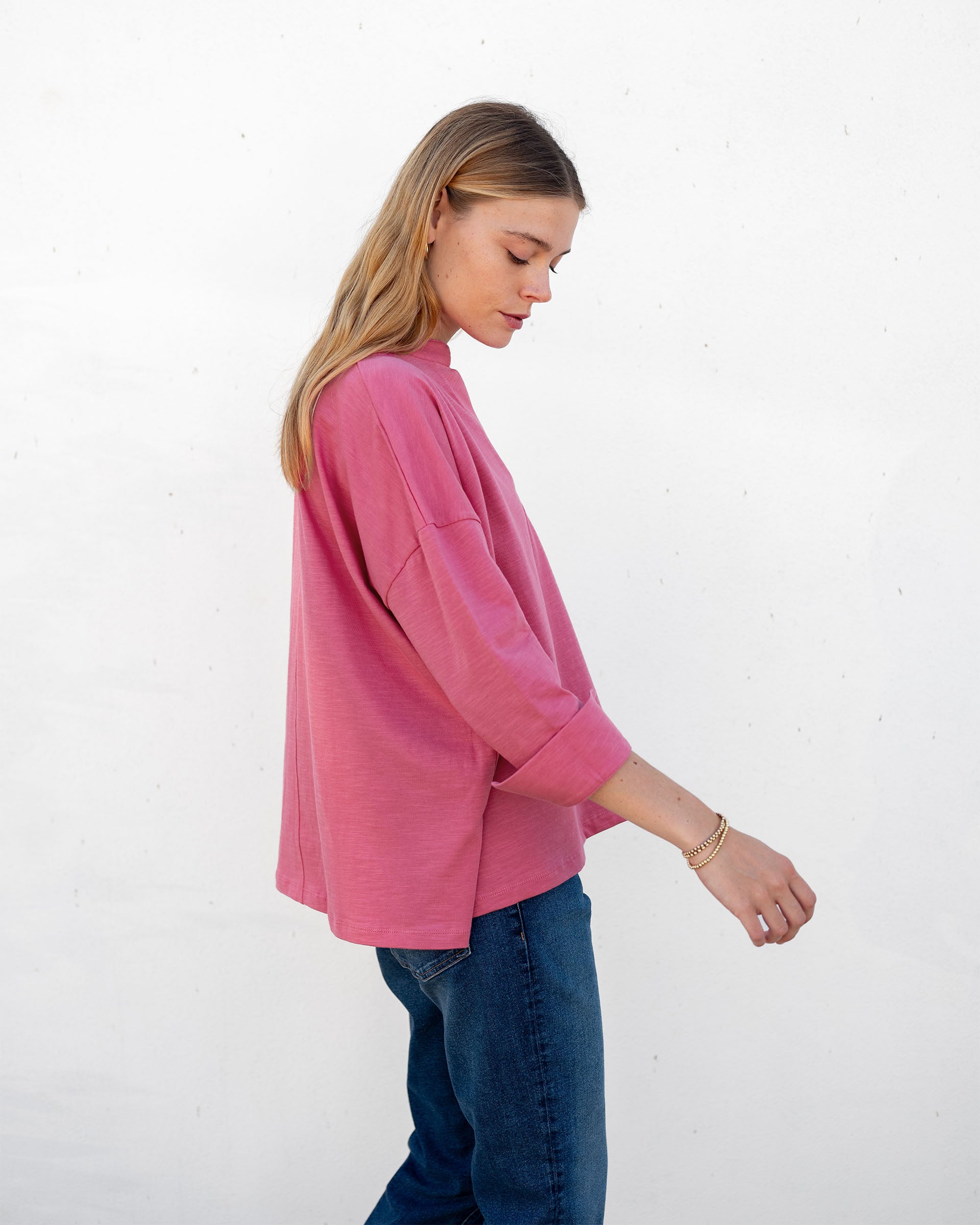 Women's Pink V-neck Cuff Tee for Fall