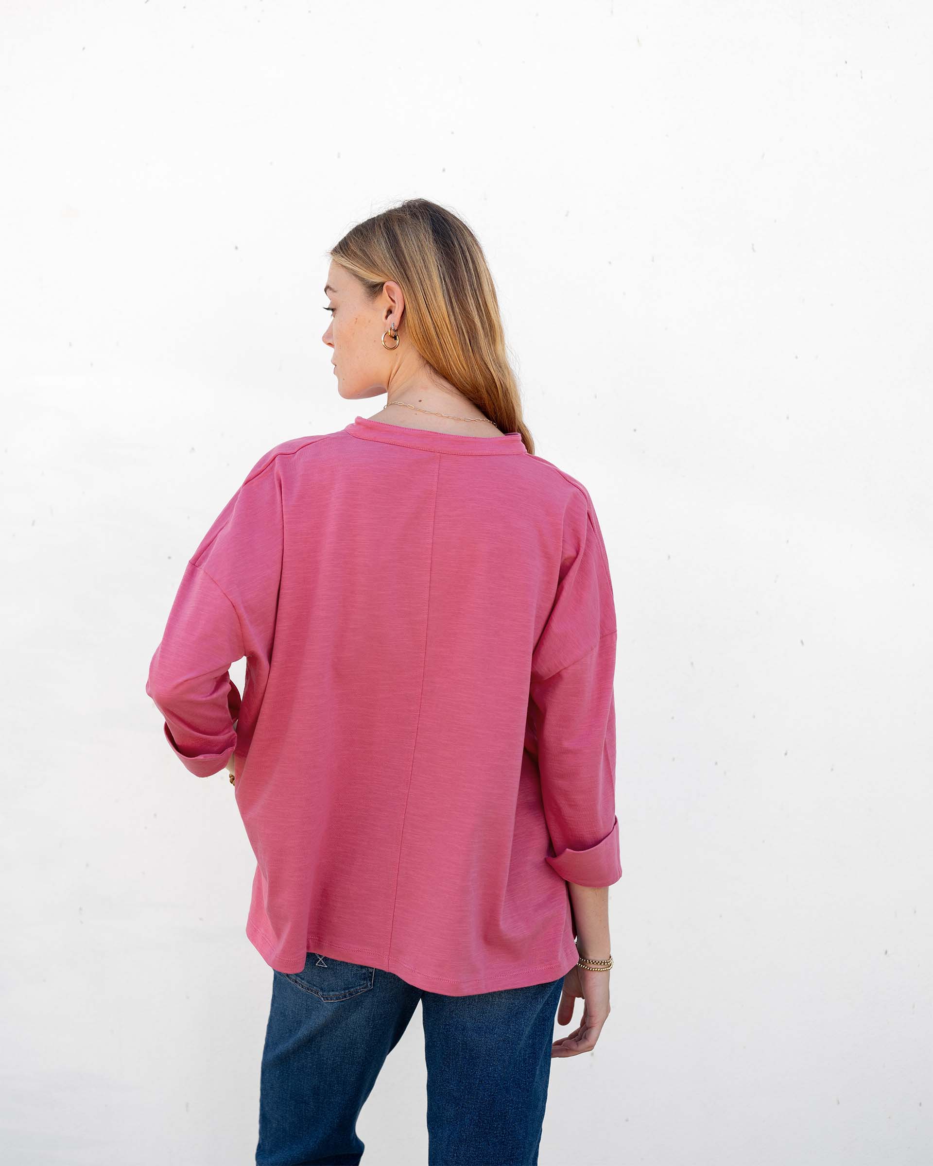 Women's Pink V-neck Cuff Tee for Fall