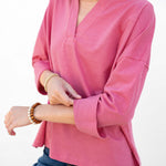 Women's Pink V-neck Cuff Tee for Fall