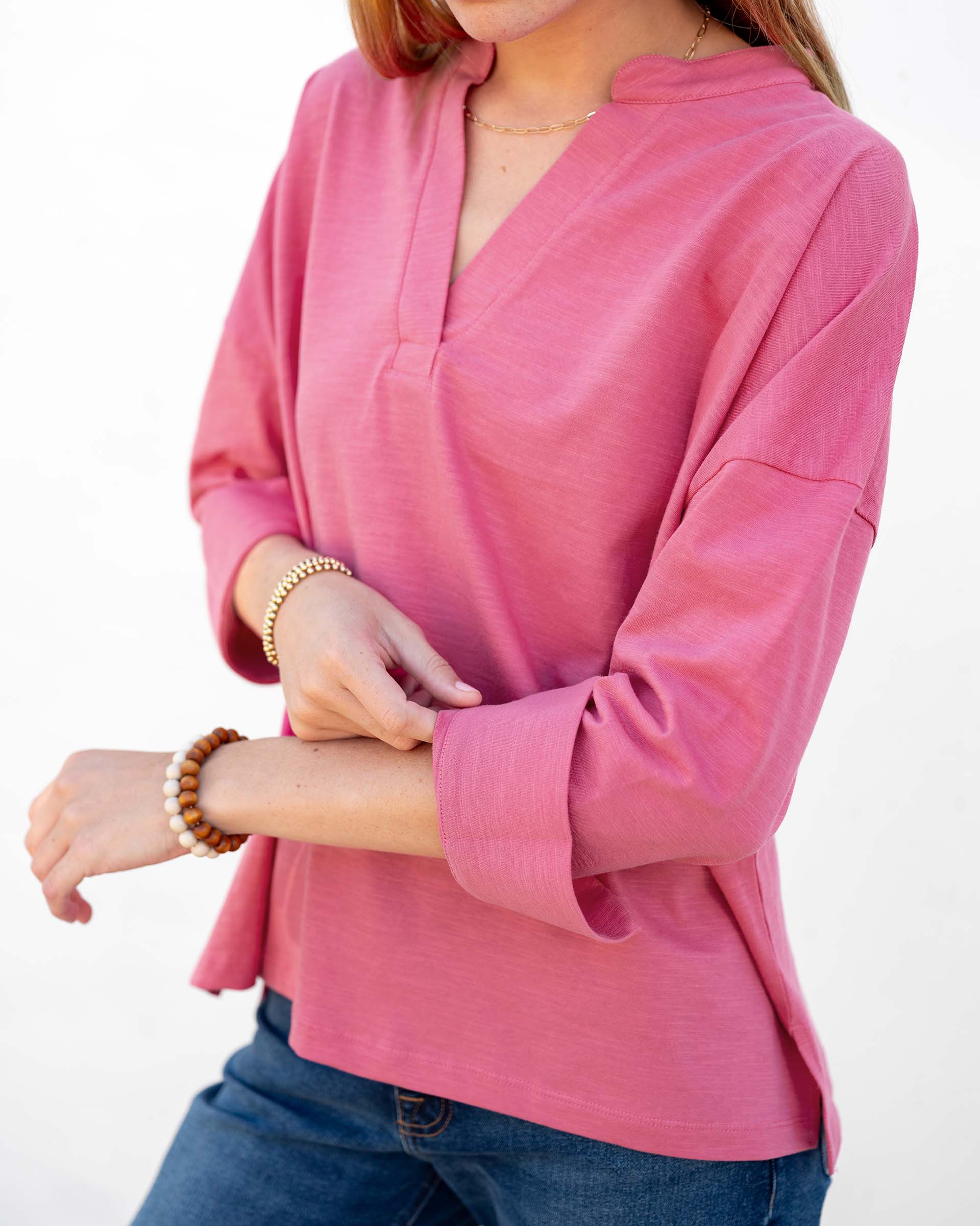 Women's Pink V-neck Cuff Tee for Fall