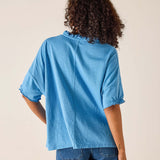 Person wearing a blue shirt and denim shorts against a beige background