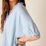 Light blue blouse with ruffled details worn by a person against a neutral background