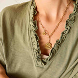 Gold necklace with a pendant on a person wearing an olive green top.