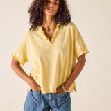 Woman wearing a yellow top and denim shorts against a beige background