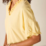 Yellow blouse with ruffled details worn by a person on a plain background