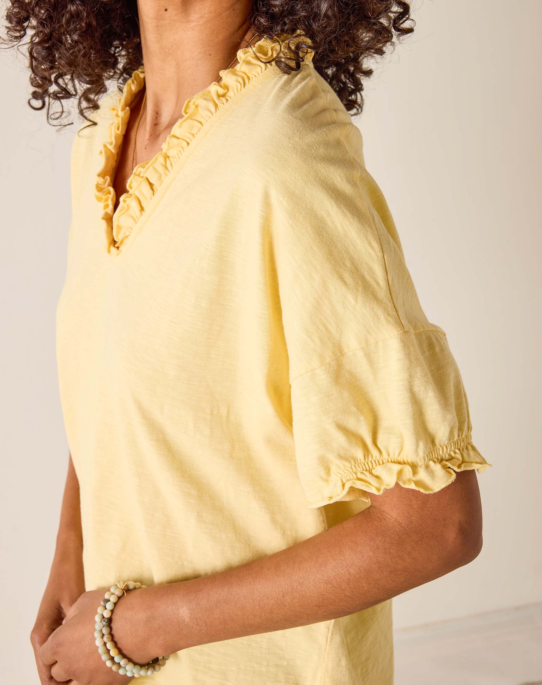 Yellow blouse with ruffled details worn by a person on a plain background
