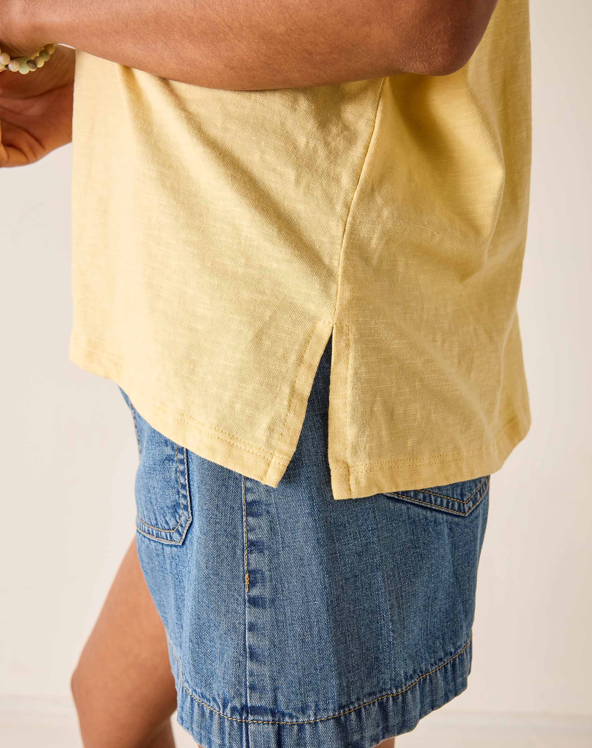 Person wearing a yellow shirt and blue shorts on a plain background