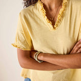 Person wearing a yellow blouse with ruffled neckline and blue jeans against a plain background