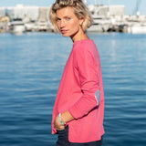Rose pink applique tee with navy stripes and heart detail on the sleeve.