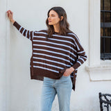 MERSEA ladies' travel-ready chocolate icing and blue striped knit sweater with long sleeves and a wide silhouette.