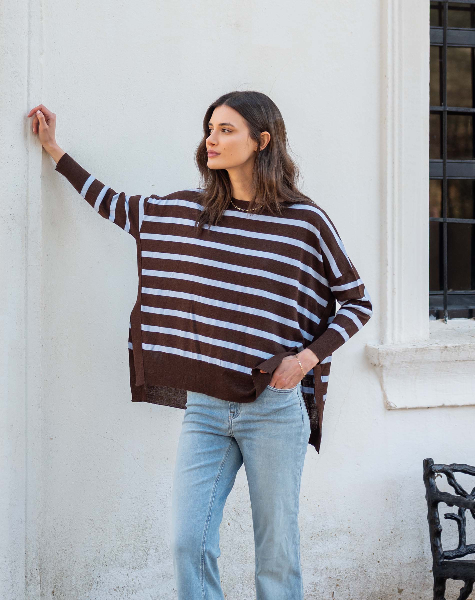 MERSEA ladies' travel-ready chocolate icing and blue striped knit sweater with long sleeves and a wide silhouette.