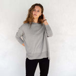 Women's One Size Gray Sweater with Blue Hearts on Sleeve