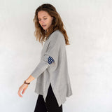 Women's One Size Gray Sweater with Blue Hearts on Sleeve