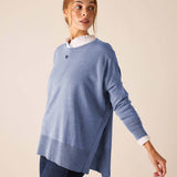 Ocean blue knit sweater with a layered look and a side slit.