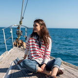 MERSEA women's travel-friendly red and white horizontal striped knit sweater with a heart-shaped neckline detail.