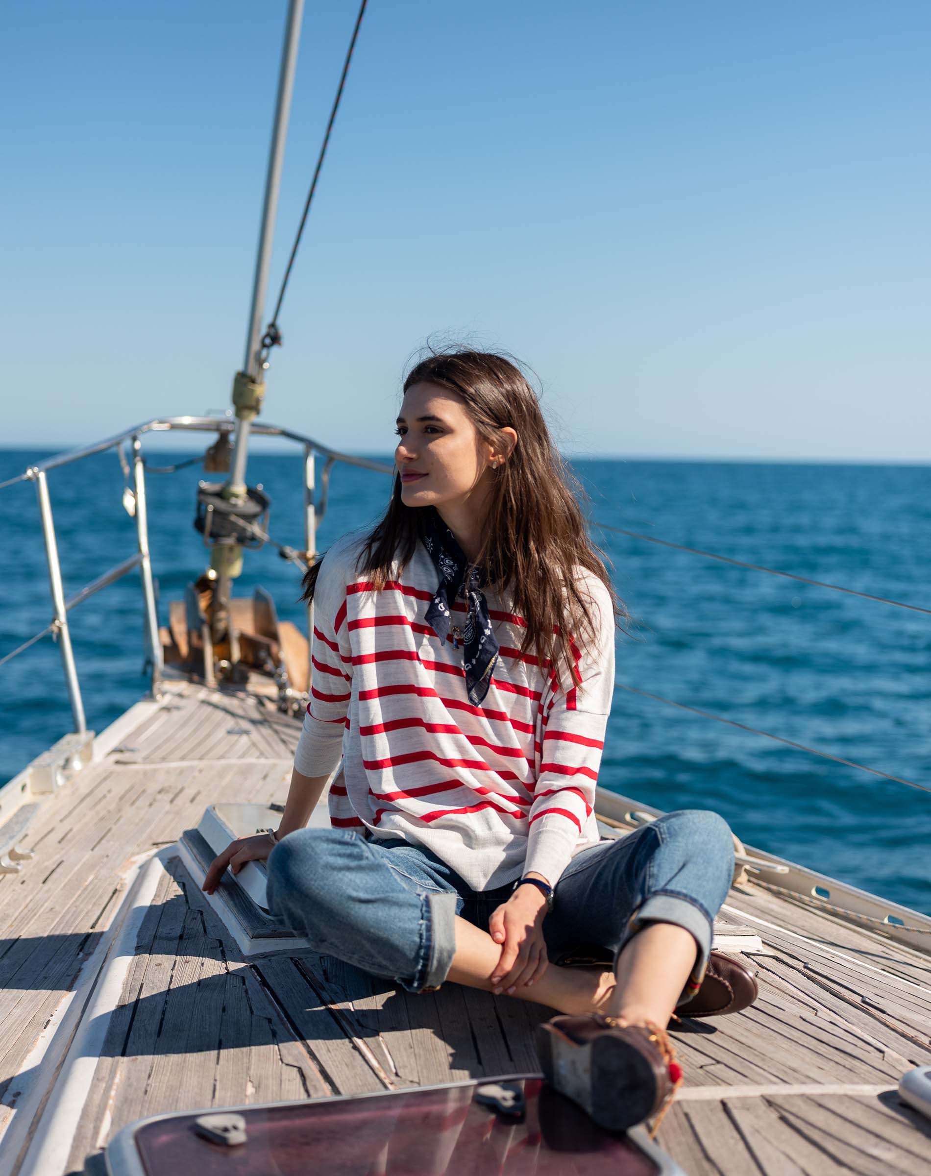 MERSEA women's travel-friendly red and white horizontal striped knit sweater with a heart-shaped neckline detail.