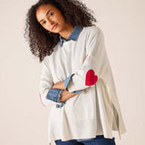 MERSEA women's travel-friendly white relaxed-fit knit sweater with denim collar and red heart detail