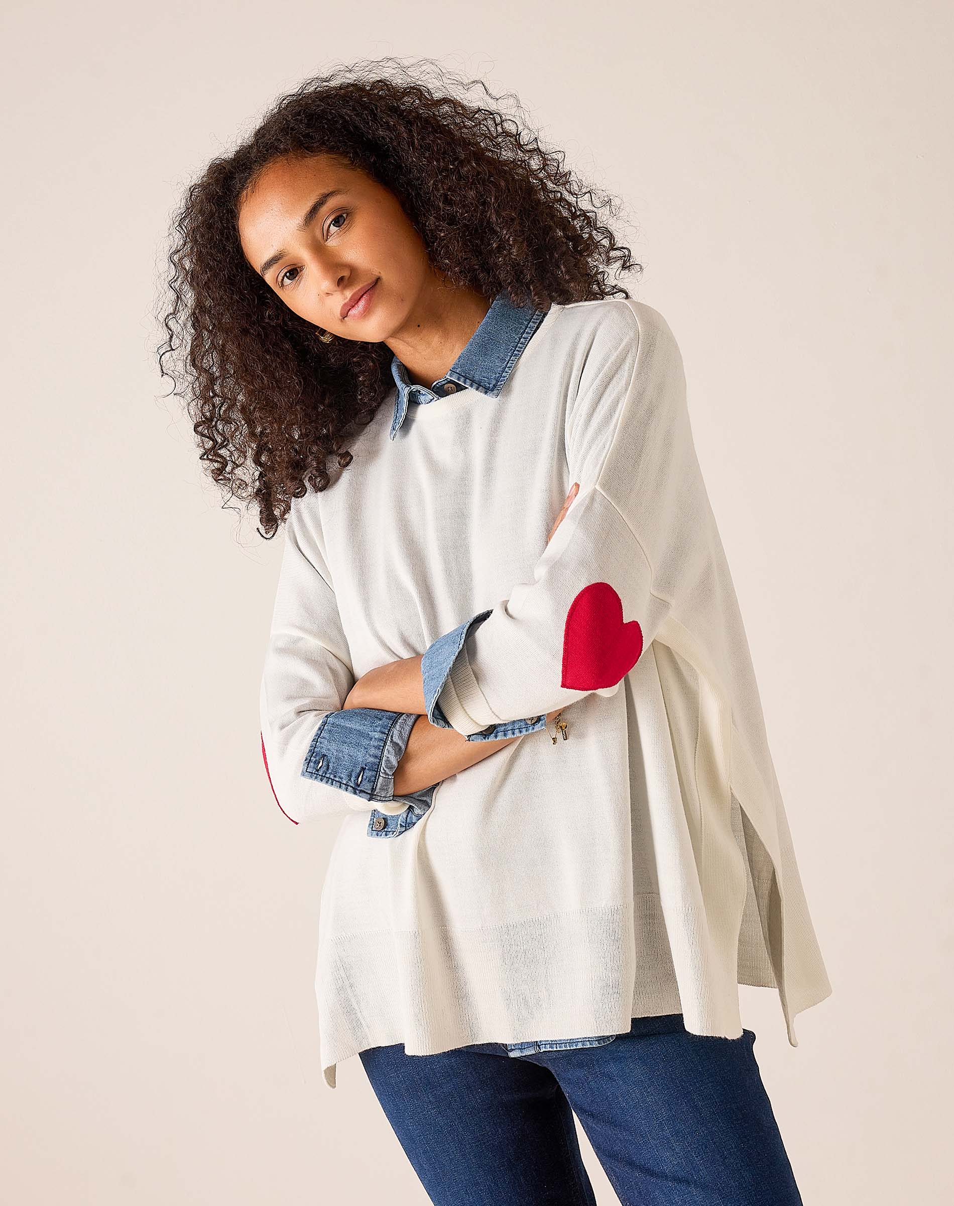 MERSEA women's travel-friendly white relaxed-fit knit sweater with denim collar and red heart detail