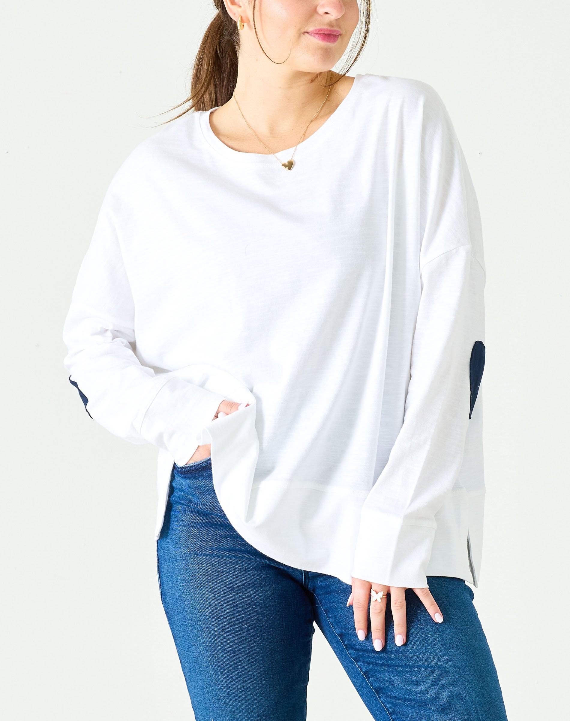 Women's White Oversized Tee with Navy Blue Heart Patch on Elbow