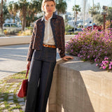 Women's travel-friendly rinse charcoal woven pants with a straight-leg fit and unique stitched detailing.