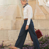Rinse navy woven pants with a wide leg and cropped hem.