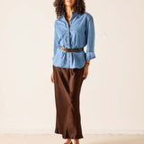 Women's travel-friendly chocolate brown satin maxi skirt