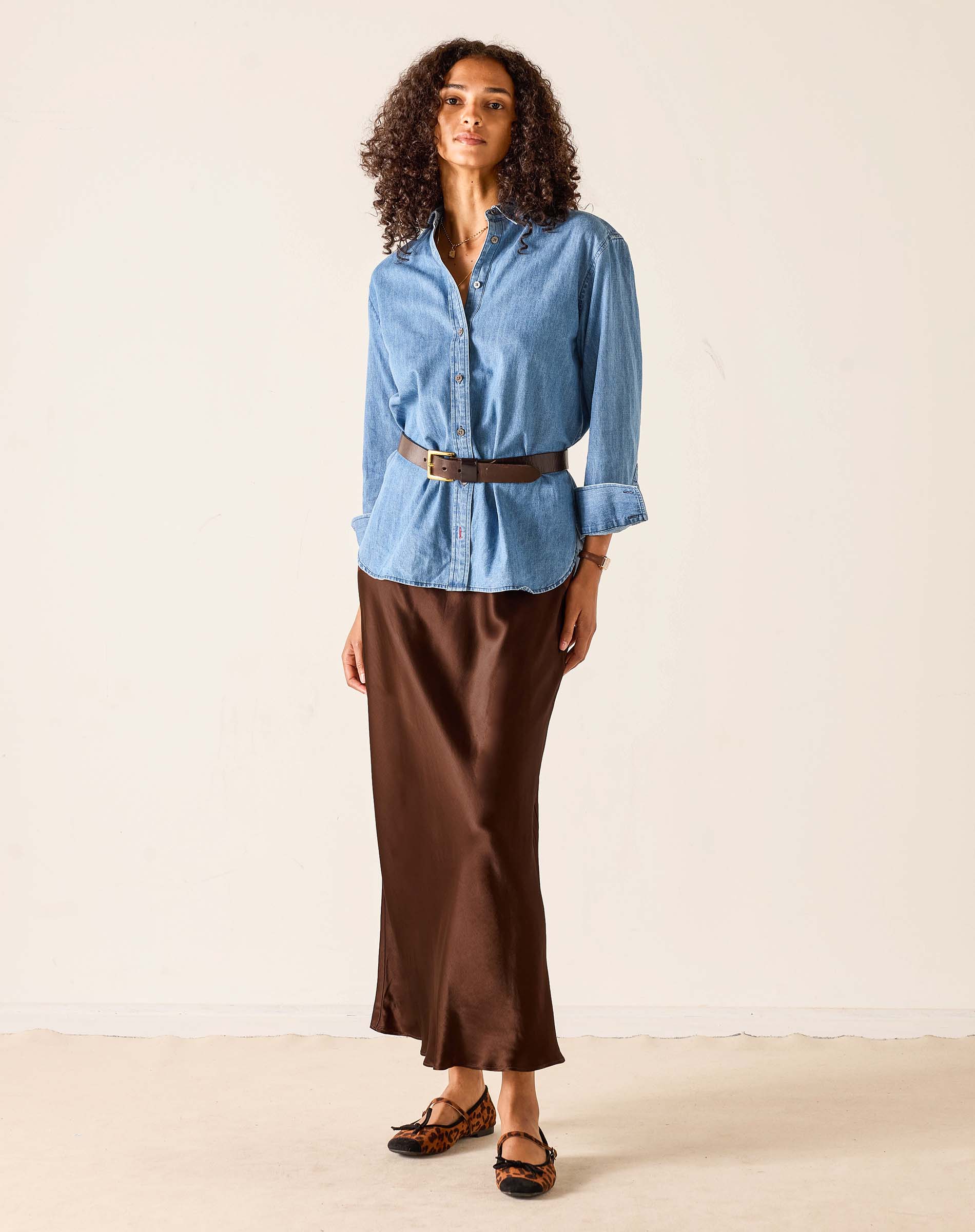 Women's travel-friendly chocolate brown satin maxi skirt